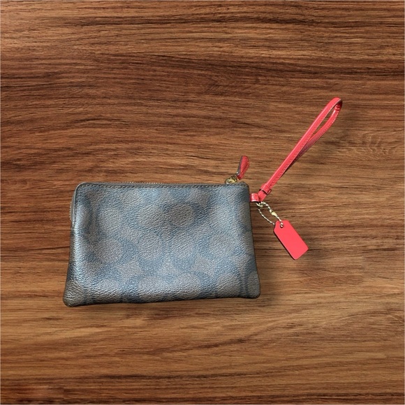 Coach corner zip wristlet wallet in Signature PVC brown leather/red patent. EUC - Picture 2 of 8